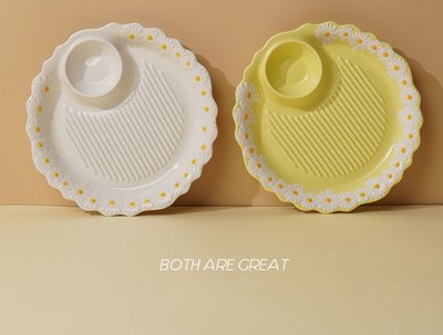 小雛菊浮雕甜美陶瓷餃子盤  黃色 米白色 炸物盤 分格盤 陶瓷圓盤 小雛菊 陶瓷餐具【小雜貨】