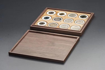 老錢莊黑胡桃12枚裝52mm圓盒實木單層托盤古幣銀錢幣展示44225