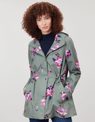 Miolla 英國品牌Joules 復古霧綠色花朵防風防水腰間繫帶中長版外套