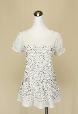 JENNY 韓 白色花朵圓領短袖蕾絲棉質洋裝F號(13863)