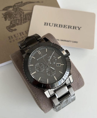 BURBERRY 立體格紋錶盤 鐵黑色陶瓷錶帶 石英 三眼計時 男士手錶BU9381
