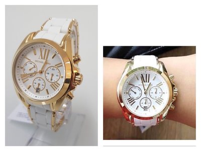 MICHAEL KORS Bradshaw 白色錶盤 矽膠包覆不鏽鋼錶帶 三眼 石英 女士手錶MK6578腕錶（白x金）