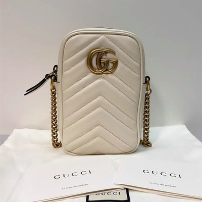 二手正品 Gucci 古馳 Marmont 雙G金標logo 白色手機包 鏈條斜挎包 598597 現貨
