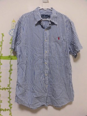 衣市藍~POLO RALPH LAUREN 短袖襯衫 (XL~185/104A~直條紋~) (230603)