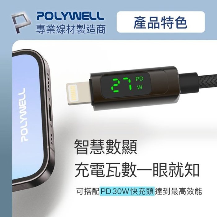 【珍愛頌】寶利威爾 Lightning To Type-C 1米 數位顯示PD快充線 適用iPhone POLYWELL