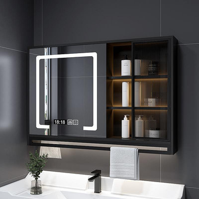 浴室鏡單獨掛墻式玻璃門層板燈洗手間衛生間鏡子收納一體 自行安裝