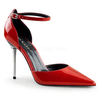 Shoes InStyle《四吋》美國品牌 PLEASER 原廠正品漆皮腳踝扣尖頭金屬鍍鉻高跟包鞋 有大尺碼出清『紅色』