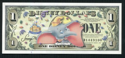 美國迪士尼1元紀念鈔=小飛象==全新無折