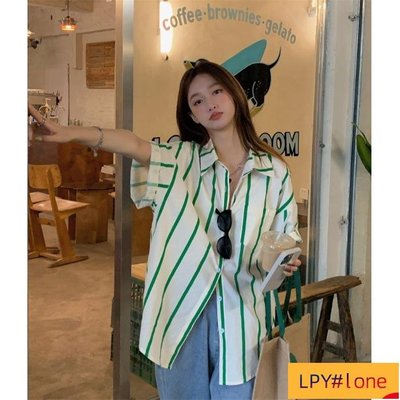 綠色條紋襯衫女夏季休閒寬鬆短袖上衣【LPY#lone】