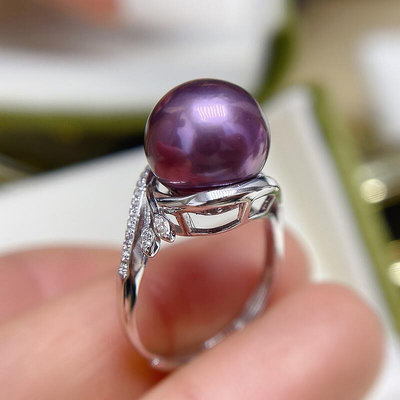 創客優品 珍珠飾品天然淡水大珍珠戒指 正圓強光紫色 S925純銀鑲嵌活口可調節送媽媽5．6 YS1256