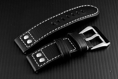 24mm 直身hamilton的新衣軍錶飛行風格鉚釘黑色真皮錶帶 fit for seiko