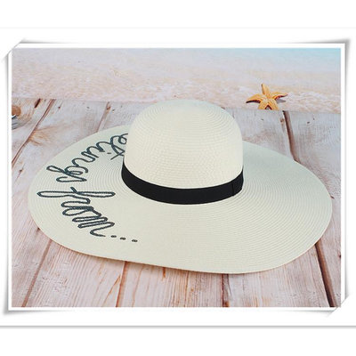 夏季草帽 遮陽草帽夏季防曬帽子女式刺繡大邊遮陽帽歡樂頌同款亮片沙灘帽可折疊帽子
