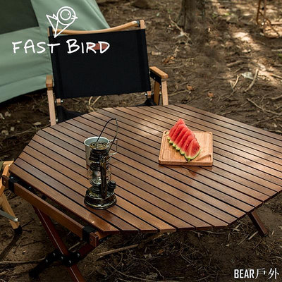 BEAR戶外聯盟山之客 露營裝備實木胡桃色大號摺疊桌櫸木戶外八角蛋卷桌