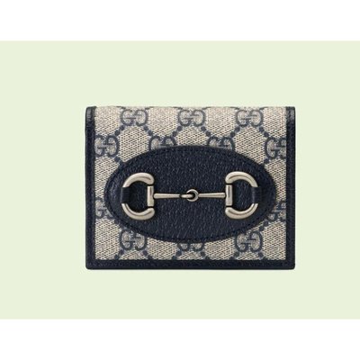 Gucci PVC 米色與藍色 馬銜銀釦 短夾 錢包 皮夾 卡包 零錢包 621887