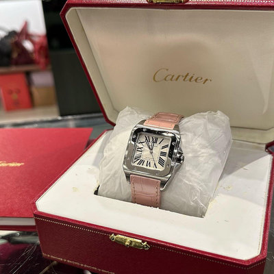 ⭐️ 香榭屋精品店 ⭐️ Cartier Santos 100MM 精鋼粉紅鱷魚錶帶自動腕錶 (B5757)