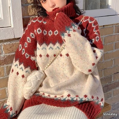 leon 聖誕新款毛衣 高領/圓領拼色毛衣 聖誕印花針織毛線衫 寬鬆復古上衣 毛衣 女生衣著-時尚精選