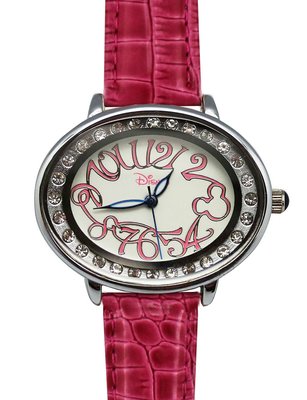 【卡漫迷】 特價55折出清 米奇 花紋 水鑽 手錶 銀框紅 ㊣版 Mickey 米老鼠 橢圓 迪士尼 女錶 皮革 個性