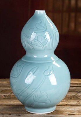 陶瓷影青雕刻荷花花瓶 陶藝品手工陶瓷瓶擺件 葫蘆招財花器藝術擺飾青瓷葫蘆瓶陶瓷花瓶禮物裝飾瓶