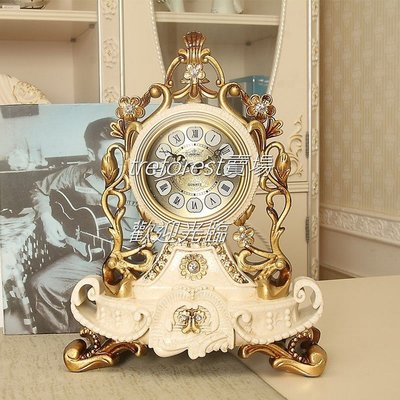 23CCB 裂紋米黃色小號歐式復古座鐘立體雕刻玻璃鏡面環保樹脂材質歐式古典臥室客廳擺件座鐘造型時鐘