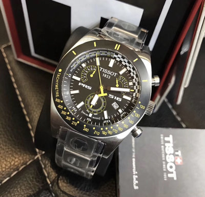TISSOT T-Sport PRS516 黑色錶盤 銀色不鏽鋼錶帶 石英 三眼計時 男士手錶T91148851