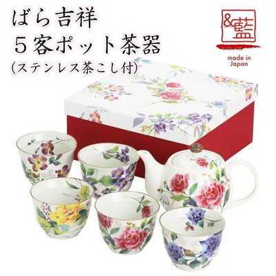 日本製美濃燒和藍 薔薇吉祥 茶具組 一壺五杯