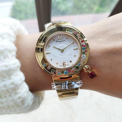 二手全新實拍 菲拉格慕 Ferragamo 女錶石英機芯鑲鑽女士腕錶 寶石吊墜奢華水鑽石英錶 時尚女錶30米防水手錶