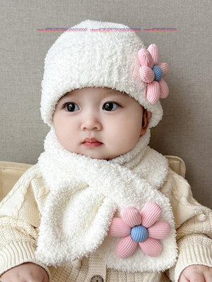 嬰兒帽子秋冬季毛絨圍巾兩件套女寶寶可愛小花公主保暖加厚護耳帽-zero潮流屋
