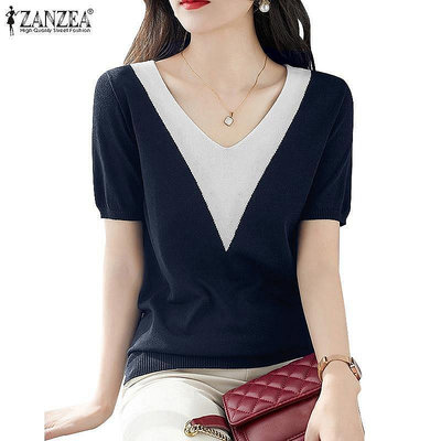 Zanzea 女式韓版短袖 V 領拼接彩色針織 T 恤-水水精品衣櫥
