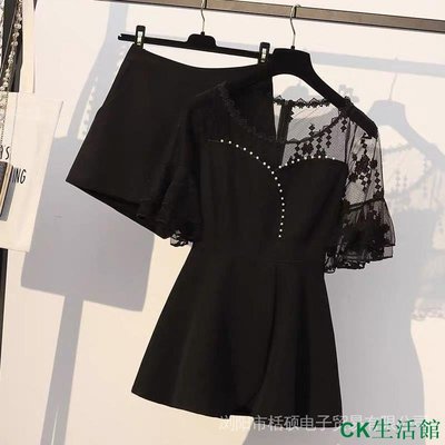 CK生活館M-4XL 女生衣著 時尚 胖妹妹 顯瘦套裝 大尺碼女裝 2022夏裝新款 洋氣兩件套 洋裝