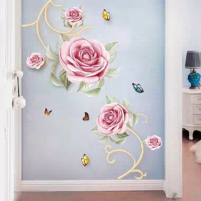 粉紅玫瑰精品屋~客廳卧室床頭沙發背景牆貼紙 玫瑰自黏貼紙~