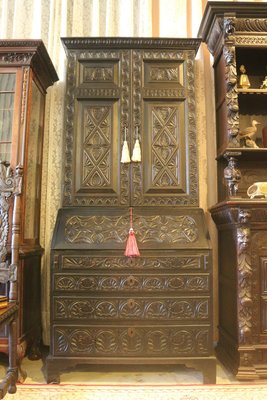 【家與收藏】特價頂級稀有珍藏歐洲百年古董法國17世紀古典精緻手工刻花老書櫃/寫字桌/置物櫃