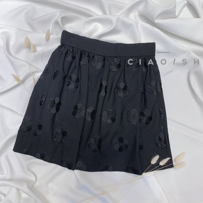 Ciao/SH名牌精品 MOSCHINO 黑30%羊毛 繡大花朵 彈性腰短裙