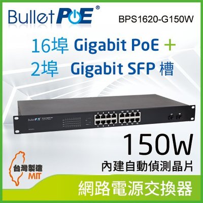 BulletPoE  16埠 Gigabit  PoE +2埠 1000M SFP Slots  Switch 150W