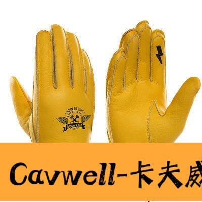 Cavwell-摩托車騎行防滑耐磨哈雷復古機車牛皮全指男女款半截開車真皮手套機車-可開統編