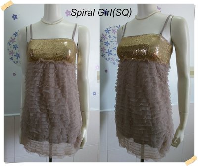 。日本Spiral Girl(SQ)【全新專櫃商品】粉藕色 性感款亮感金亮片蛋糕層次金蔥線邊雪紡平口/細肩帶洋裝。M號
