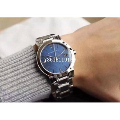 BURBERRY手錶BU9031英倫時尚格紋不銹鋼錶帶腕錶/藍+銀/38mm