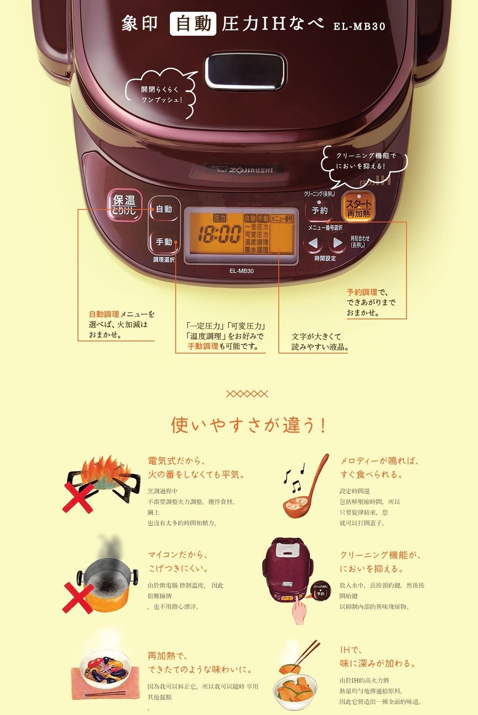 ㊑DEMO影音超特店㍿日本ZOJIRUSHI象印 EL-MB30 壓力IH電子鍋 1.5L 自動調理 預約料理溫度管理
