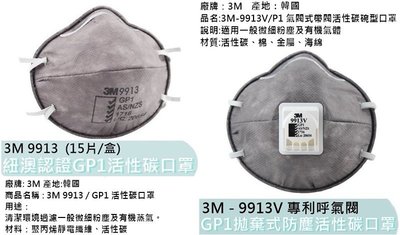 工業用【花蓮源利】3M 美商 GP1活性碳口罩 9913 (15入) 頭戴式帶氣閥活性碳碗型口罩