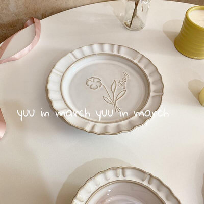 法式ins浮雕玫瑰花朵陶瓷碗甜品盤西餐盤 日式復古花邊bru