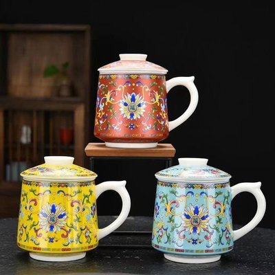 陶瓷水杯琺瑯彩辦公杯茶水分離馬克杯中式帶蓋過濾茶杯白瓷禮品-~特價