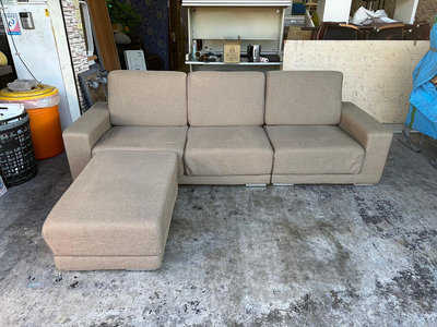 香榭二手家具*棕色亞麻布8.8尺 功能型L型沙發組-三人座沙發-布沙發-二手沙發-中古沙發-沙發椅-沙發床-會客沙發