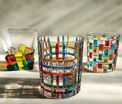 美美小鋪 意大利設計師同款手工彩繪條紋編織水晶玻璃杯牛奶杯高顏值咖啡杯