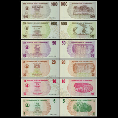 現貨實拍全新真鈔 辛巴威小面額 六張一套 5.10.20.50.500.1000 大面額 小面額 非洲 非現行流通貨幣