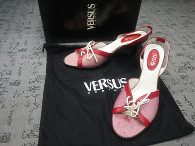 義大利製 VERSUS 高級帆布面真皮中跟涼鞋 USA 6 EUR 36  JPN  23 CM