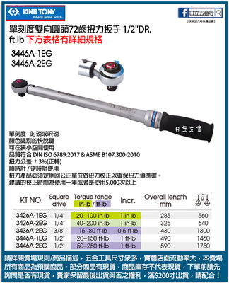 EJ工具《附發票》3446A-1EG 2EG 台灣製 KING TONY 單刻度雙向圓頭72齒扭力扳手 1/2"DR.