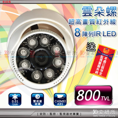 安研所 監控 監視器 800 TVL 8 IR LED 紅外線 半球 海螺 吸頂 攝影機 監視器 CVBS 室內 含稅