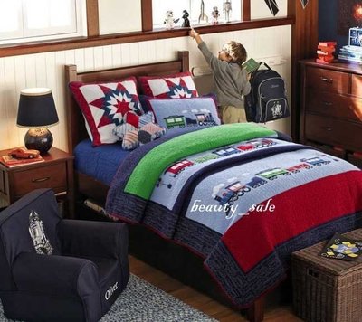 美式風  藍色火車  絎縫  貼布  拼布  床罩  床蓋  單人2件組