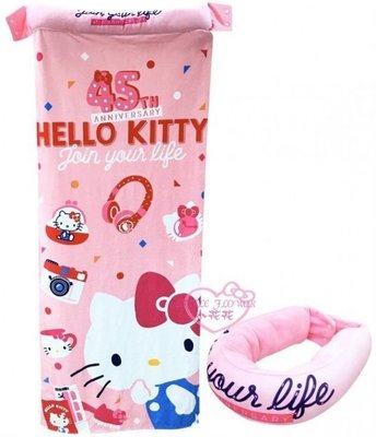 ♥小花凱蒂日本精品♥ Hello Kitty 45th 兩用U型頸枕 毛毯~7