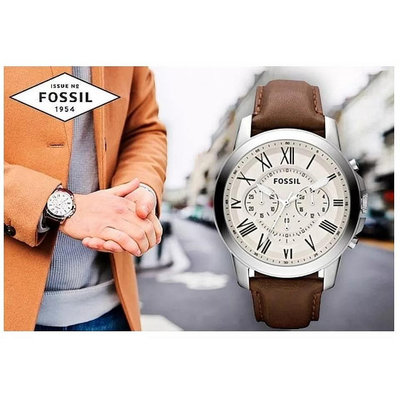 原裝Fossil化石男士手錶三眼日本石英腕錶Grant系列不鏽鋼圓形44mm錶殼防水皮帶簡約休閒男錶FS4735