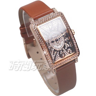 香港古歐 GUOU 閃耀時尚腕錶 滿鑽數字錶 長方型 真皮皮革錶帶 玫瑰金x淺咖啡 G8201玫淺咖【時間玩家】
